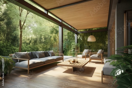 Modern covered patio with outdoor furniture surrounded by lush forest. Original extension concept. Generative AI