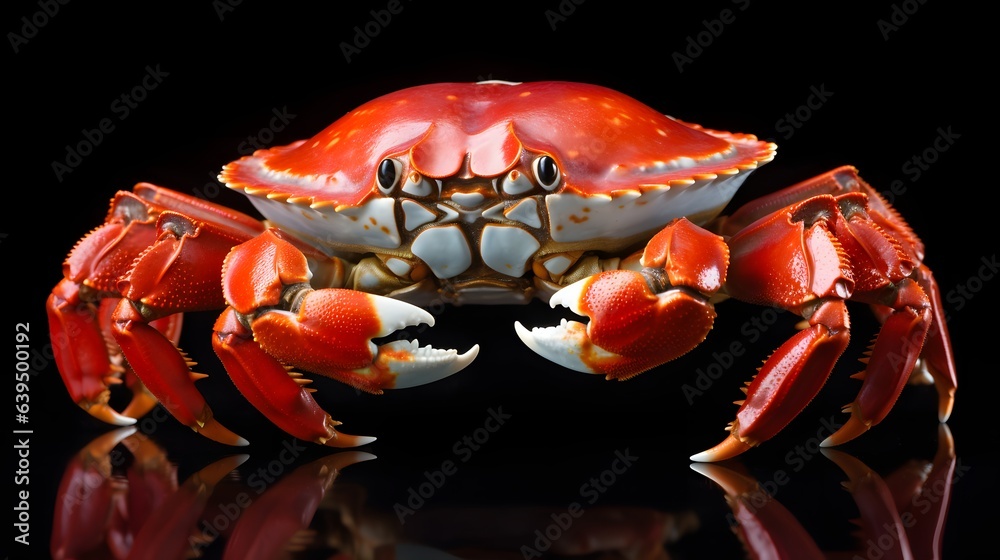 A red crab with orange claws on a black background