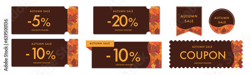 秋のセールに使える秋らしいブラウンと紅葉のクーポンベクターアイコンデザインセット2
