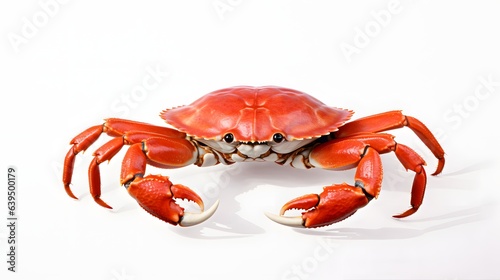 A red crab with white claws on a white background