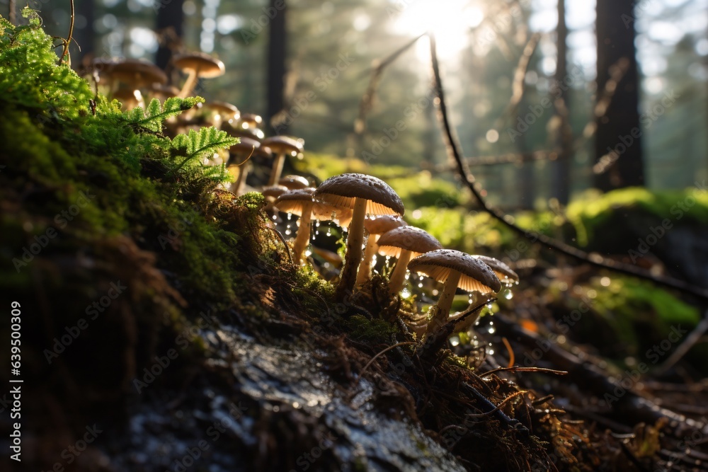 Obraz premium ascent along a pine-lined ridge. Close-up, the foreground is dotted with dew-kissed ferns and delicate mushrooms pushing through the leaf-strewn ground
