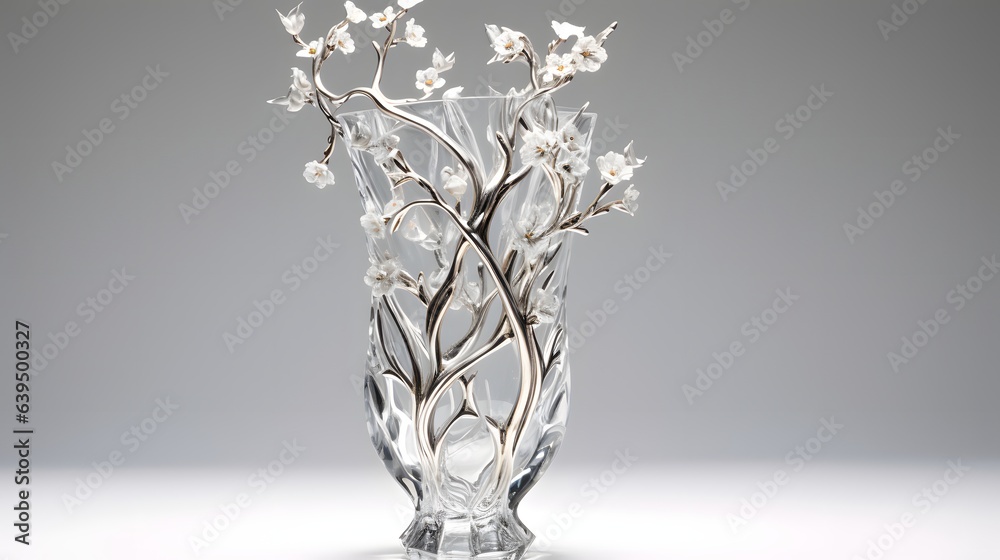 A glass vase with a treelike design and white flowers on a gray background A glass vase with a treelike design and white flowers on a gray background
