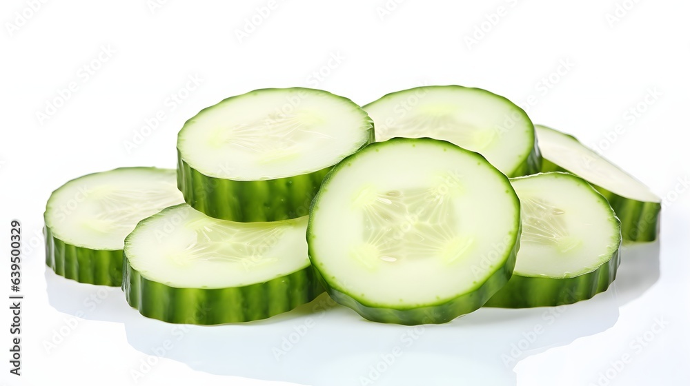 A fresh and crunchy pile of cucumber slices on a white background