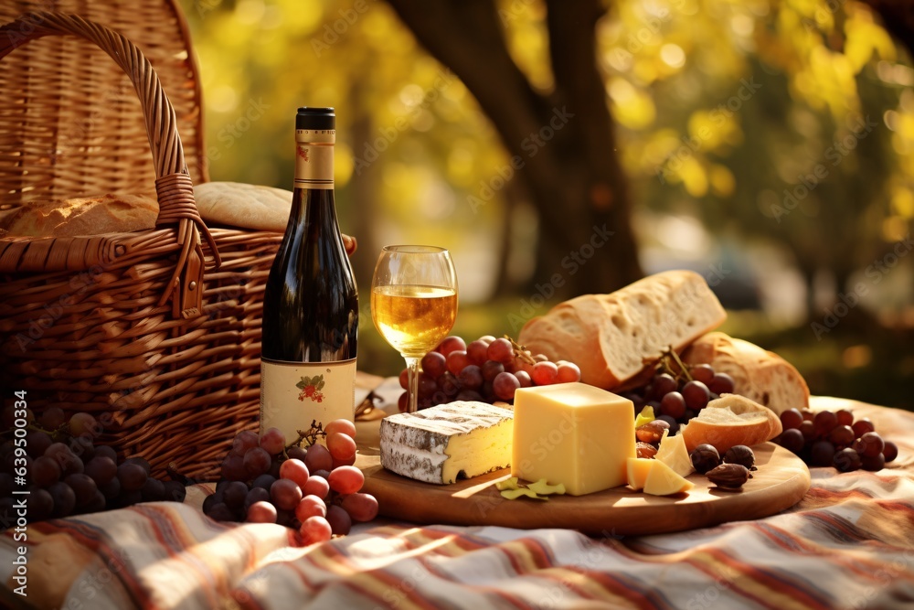 enchanting afternoon amidst the vineyards. A checkered blanket is spread on the grassy floor, laden with a basket of fresh bread, a selection of cheeses, fruits, and a bottle of the vineyard's finest enchanting afternoon amidst the vineyards. A checkered blanket is spread on the grassy floor, laden with a basket of fresh bread, a selection of cheeses, fruits, and a bottle of the vineyard's finest