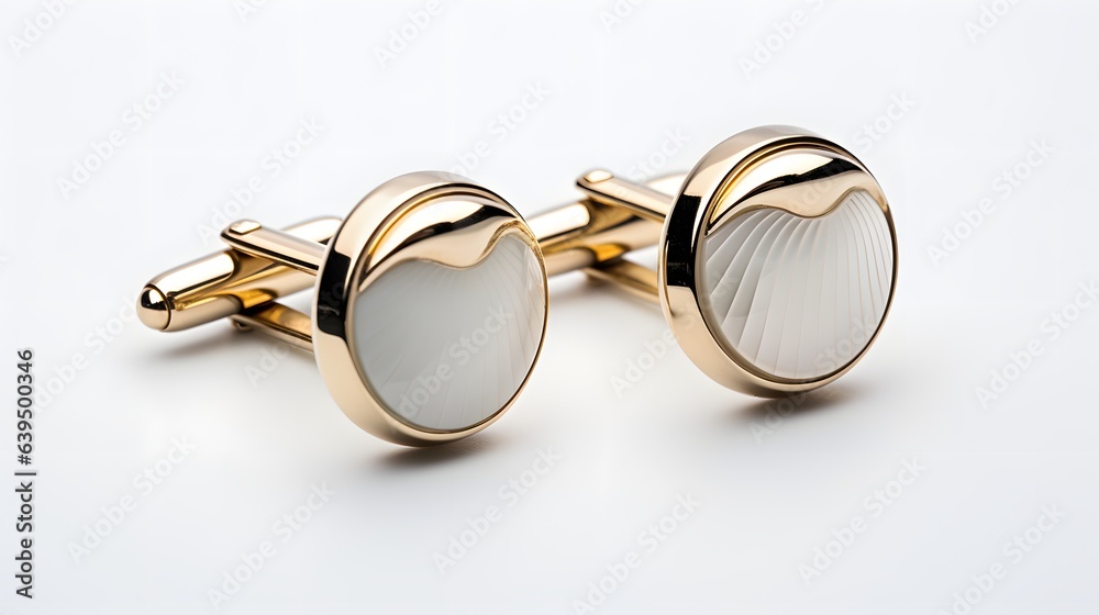 Elegant gold and white cufflinks with a wave design on a white background Elegant gold and white cufflinks with a wave design on a white background