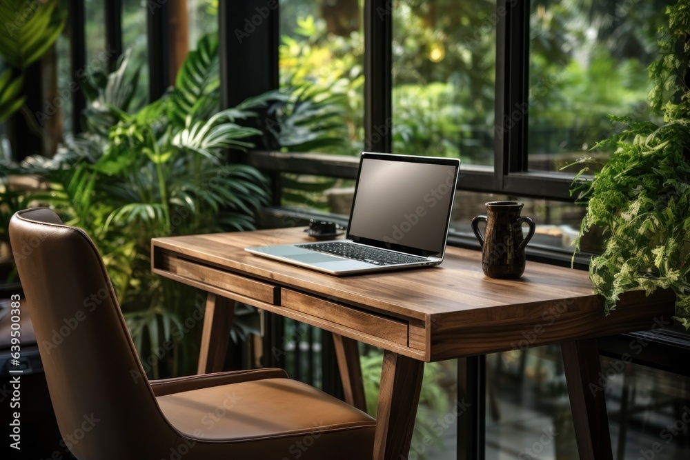 Laptop computer in living room surrounded natural generate with Ai. Laptop computer in living room surrounded natural generate with Ai.