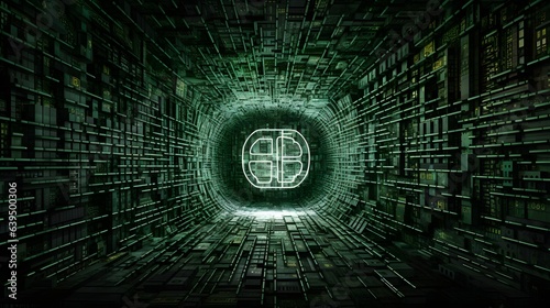A digital art concept of a futuristic tunnel leading to a mysterious green light
