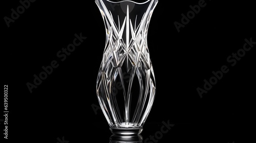 A crystal vase with a geometric pattern on a black background