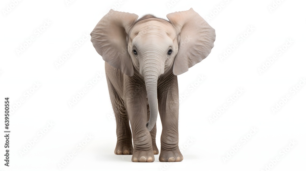 A cute baby elephant shows off its ears and tusks on a white background