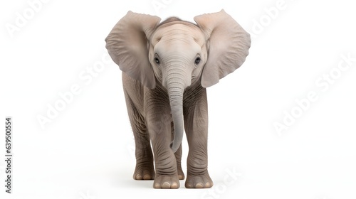 A cute baby elephant shows off its ears and tusks on a white background