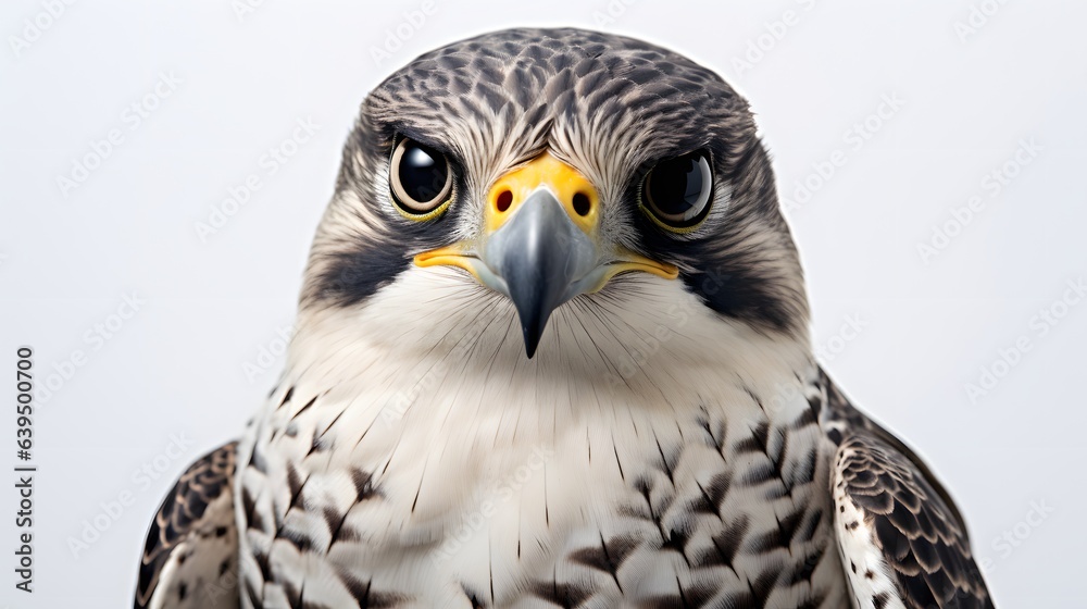 A close-up of a majestic falcon with yellow eyes against a white background A close-up of a majestic falcon with yellow eyes against a white background