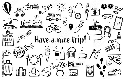 シンプルでかわいい手描きの旅行イラストセット（モノクロ）