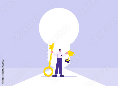 Unlock new business idea to success, invent new product or creativity concept, businessman holding golden key and trophy front light bulb shape door