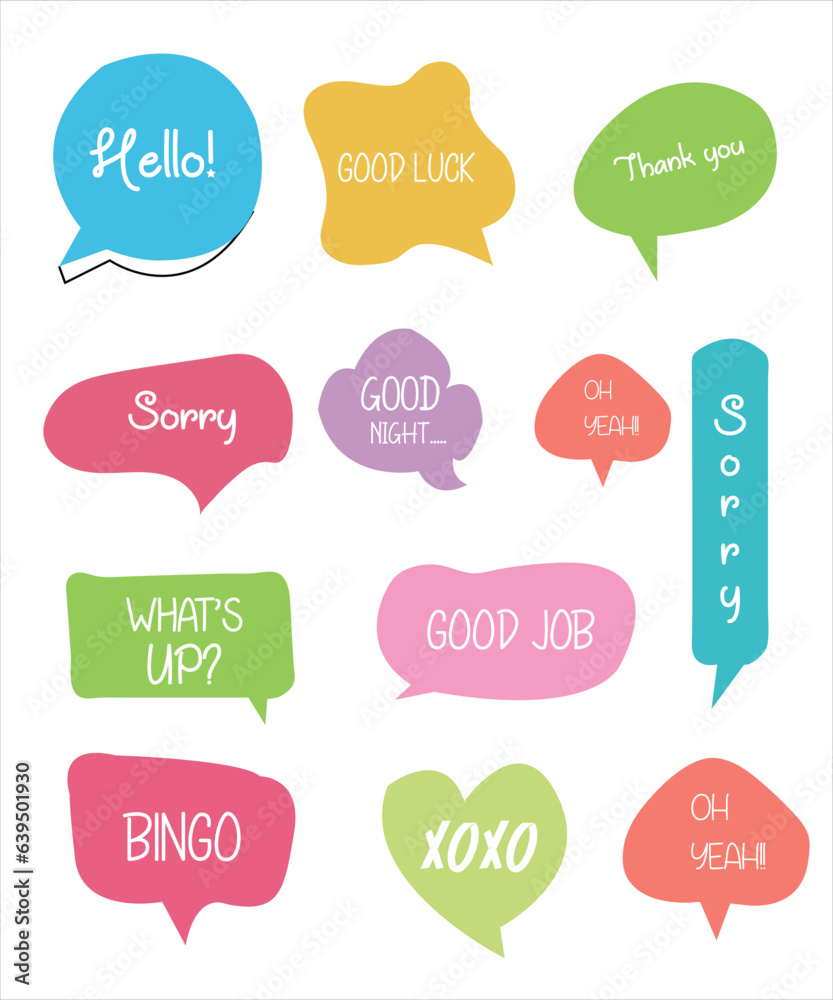 Set of speech bubbles with short phrases yes, thank you, ok, omg, hello, sorry, welcome.