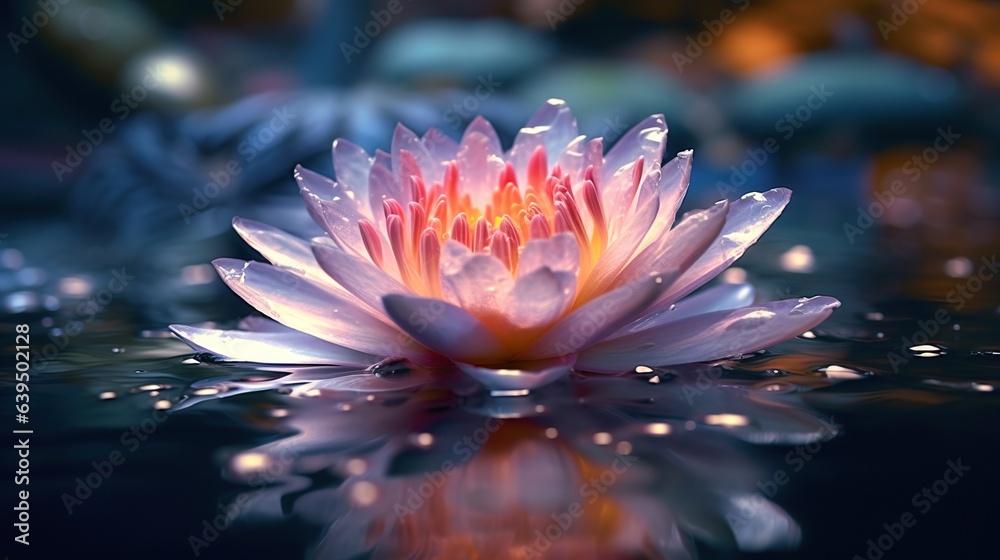 Beautiful purple water lily flower with reflection on the water surface.