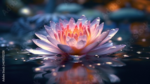 Beautiful purple water lily flower with reflection on the water surface.