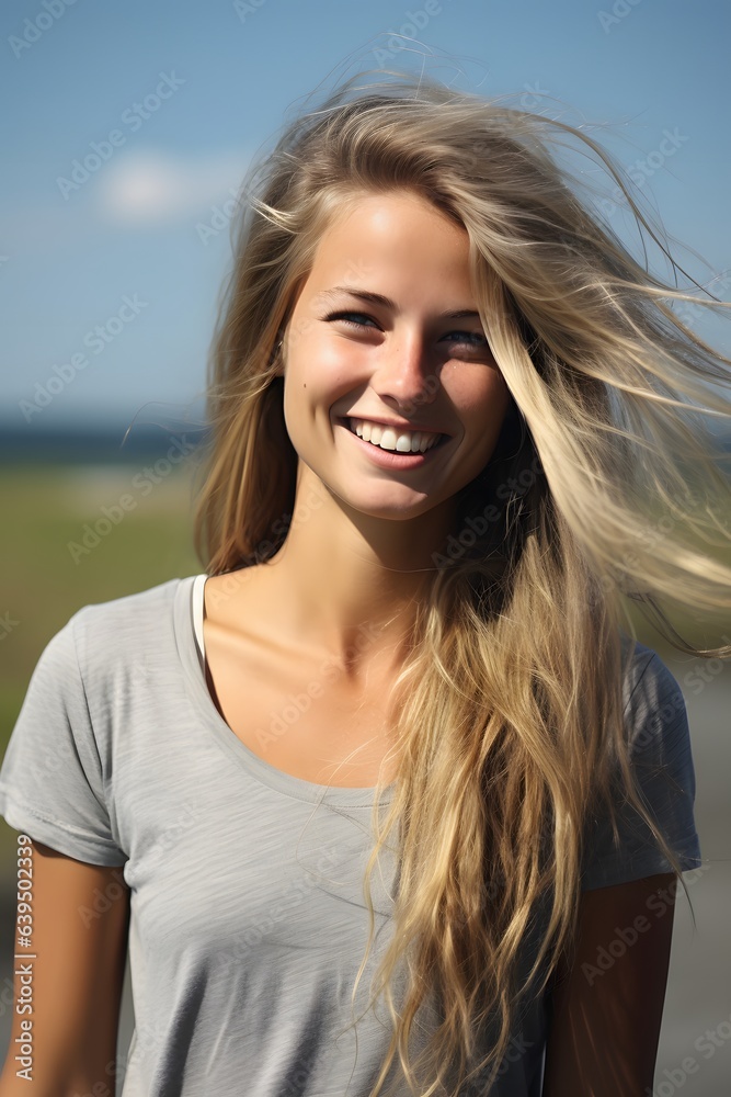 Photo of a woman with a radiant smile and flowing blonde hair Photo of a woman with a radiant smile and flowing blonde hair