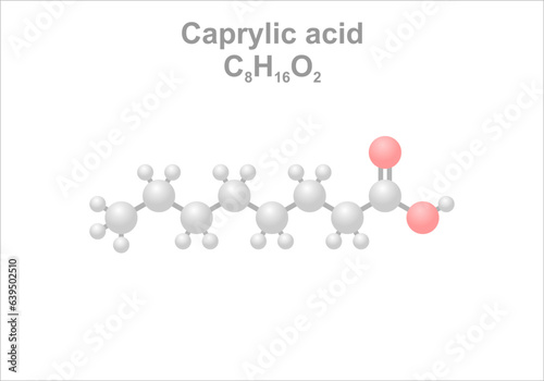 Caprylic acid. Simplified scheme of the molecule. Use for the production of esters. Use as food contact surface sanitizer and pesticide.