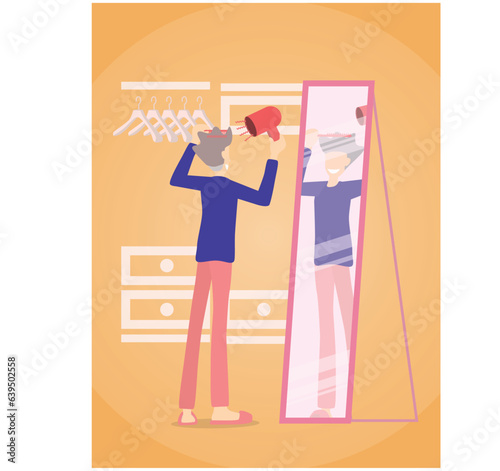 young man standing to set their hair on mirror with happy face