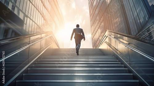 Businessman walk standing on top of stairs. Concept of success career, way up climb top building. Corporate mission job ladder. Achievement and focus to goal, leadership and success.