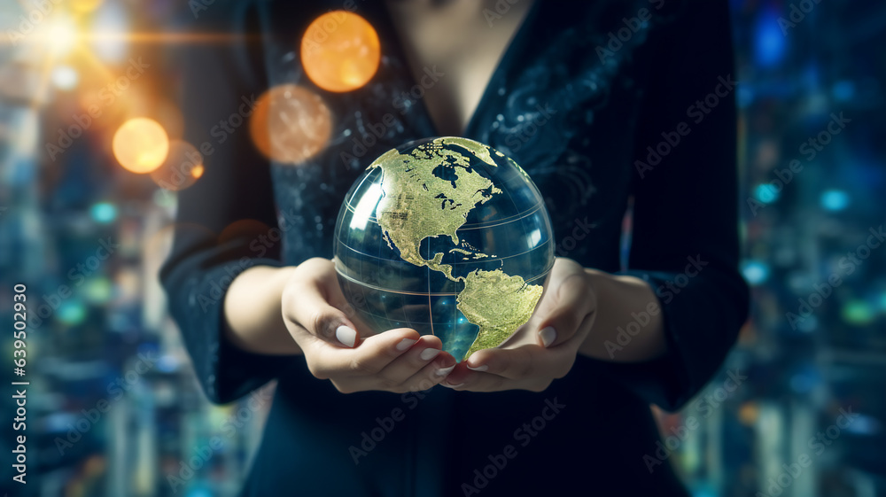 Fototapeta premium ESG environmental social governance business strategy investing concept. Businessman holding green earth globe world .Ethical and sustainable investing. Enhance ESG alignment of investments . Eco.