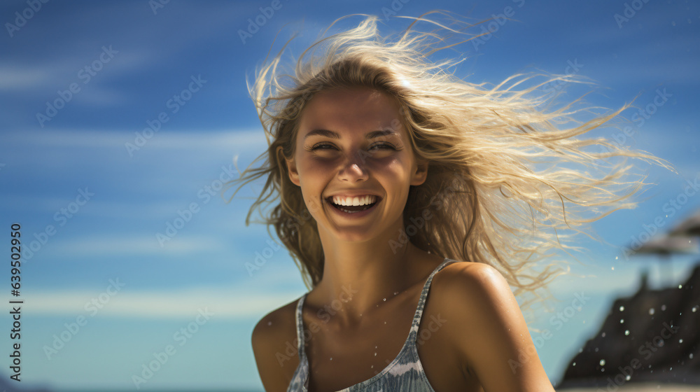 Naklejka premium Happy blond girl on vaccation at summer time