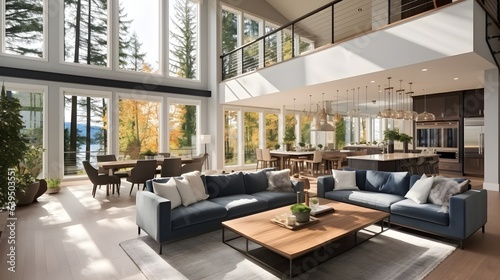 Beautiful living room interior in new luxury home with open concept floor plan. Shows kitchen, dining room, and wall of windows with amazing exterior, Generative AI © Lucky Ai