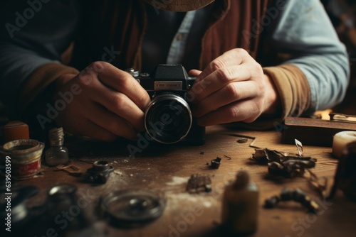Close up male hands arms holding fixing old vintage camera hobby mechanical parts camera lens on table unrecognizable man repairman fix breaks it down into details photographer repair photo equipment