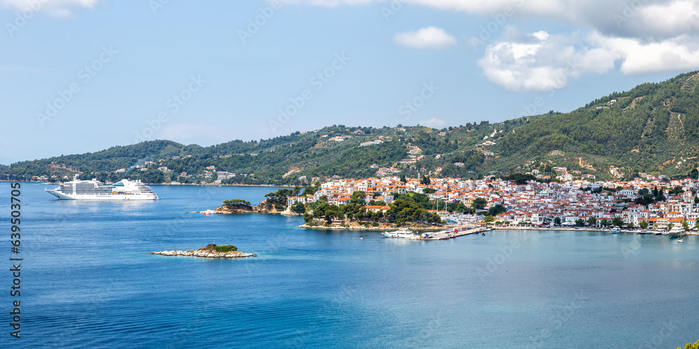 Skiathos town with cruise ship vacation at the Mediterranean Sea panorama Aegean island in Greece