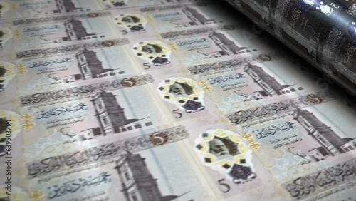 Libya money Libyan Dinar money banknotes printing roll machine loop. Paper LYD bank note print 3d looping seamless. Abstract concept of banking, debt, finance, economy and crisis.