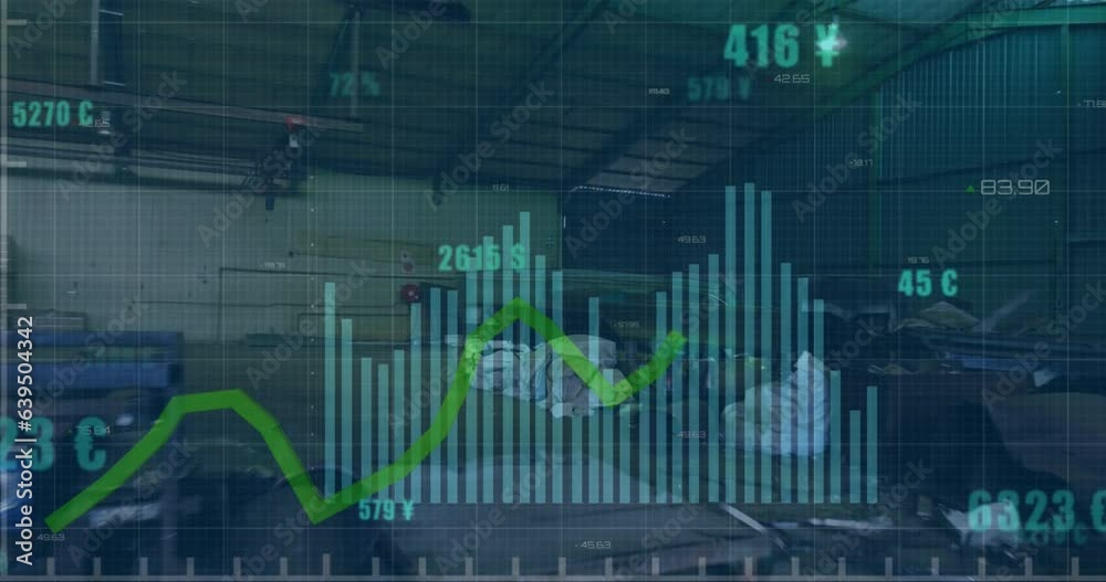 Animation of graphs, changing numbers, aerial view of warehouse of junkyard Animation of graphs, changing numbers, aerial view of warehouse of junkyard
