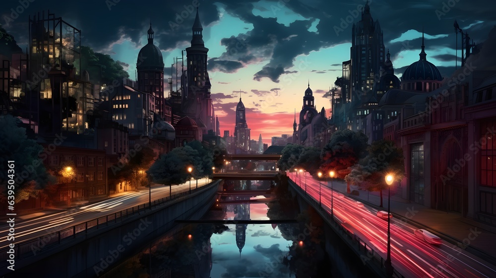 city at night, Sunset City Landscape, AI Generative