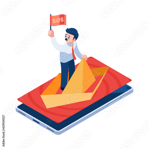 Isometric Businessman on Boat Sinking on Red Ocean Market