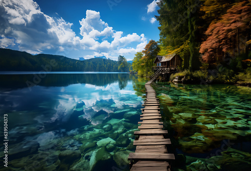 Pier of Tranquility: A Serene Image of a Wooden Pier and a Clear Lake in a Mountainous Landscape