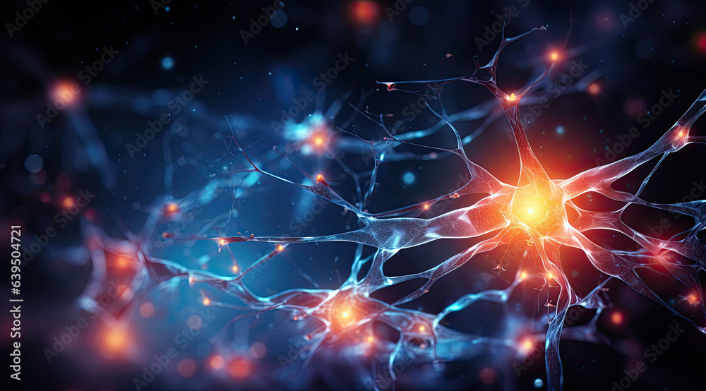 neuron cell and neurons in connection with glowing light. created by generative AI technology.