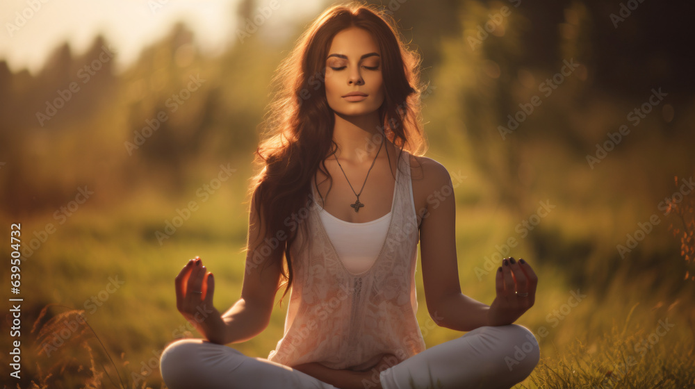 Beautiful woman meditating, yoga poses outdoor - obrazy, fototapety, plakaty 
