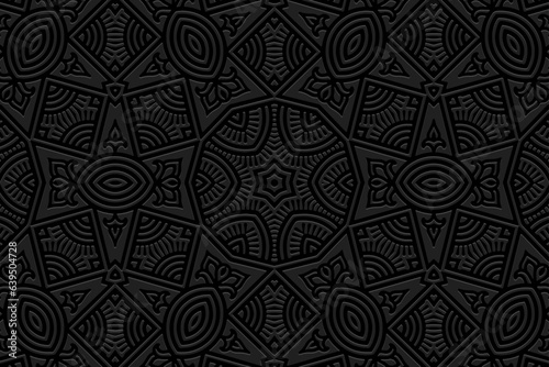 Embossed black background, cover design. Geometric ethnic 3D pattern, press paper, leather. Boho, unique handmade, anti-stress. Ornamental art of the East, Asia, India, Mexico, Aztec, Peru. 