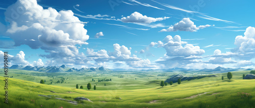 Fantasy landscape with meadow  mountains and clouds. 3d illustration. created by generative AI technology.
