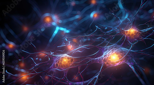 neuron cell and neurons in connection with glowing light. created by generative AI technology.