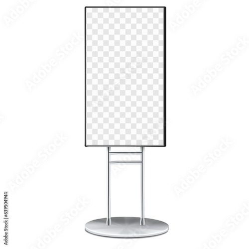 Digital video banner with transparent screen vector mock-up. Vertical placed promotional LCD display stand realistic mockup. Monitor on metal frame base. Template for design