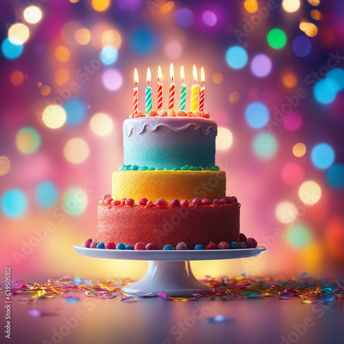 Birthday cake with 7 candles onblurred background.