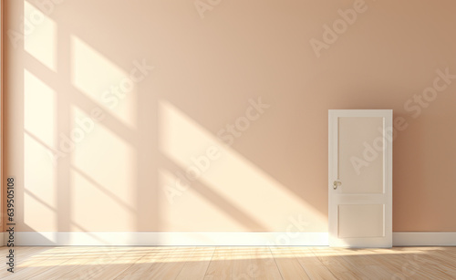 Empty room with wooden floor and white door. created by generative AI technology.