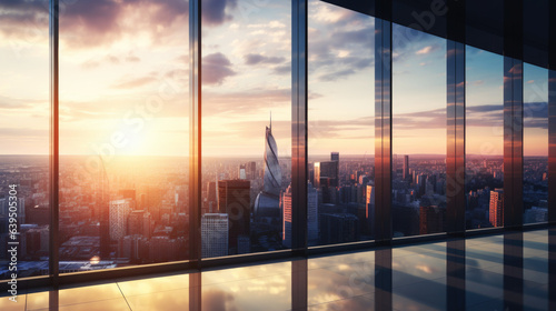 modern office room with sunset, light and bokeh, tower view background. 