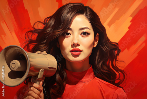 Portrait of a beautiful asian woman holding a megaphone. created by generative AI technology. © hakule