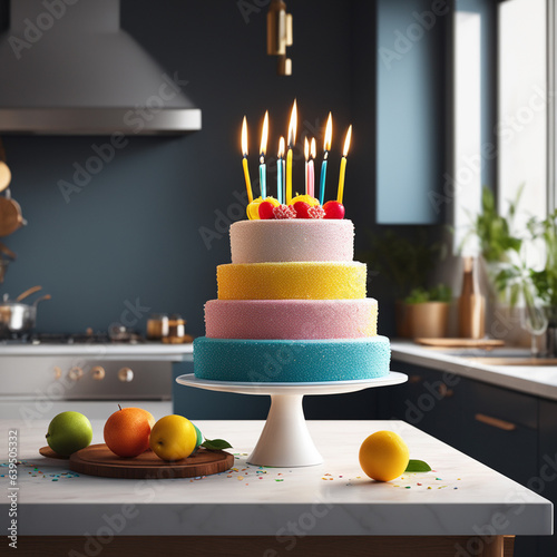 birthday cake with candles and fruits