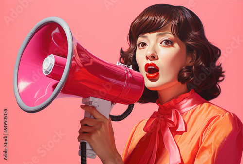 portrait of a beautiful woman with a megaphone on a pink background. created by generative AI technology.