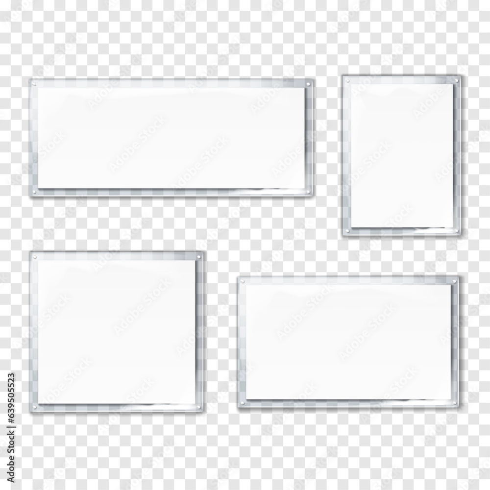 Clear sandwich acrylic board set. Realistic vector mockup. Blank wall plexiglass sign, poster holder mock-up. Plexi signboard kit. Template for design Clear sandwich acrylic board set. Realistic vector mockup. Blank wall plexiglass sign, poster holder mock-up. Plexi signboard kit. Template for design