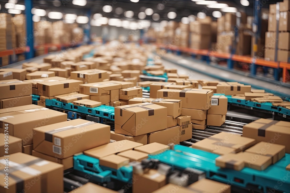 Cardboard boxes on conveyor belt in distribution warehouse Cardboard boxes on conveyor belt in distribution warehouse