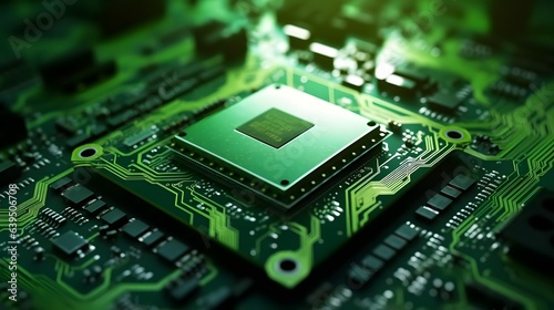 Concept of green technology. green recycle sign on circuit board technology innovations. Environment Green Technology Computer Chip.Green Computing, Green Technology - Generative AI