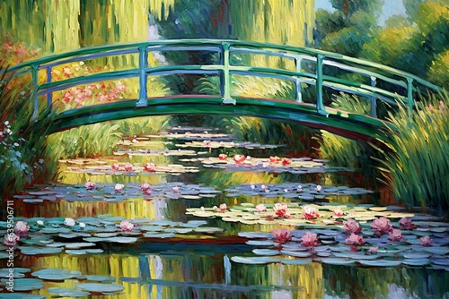Fotografia, Obraz A wooden footbridge over a pond of water lilies in Giverny, depicted in Monet's 1899 oil painting